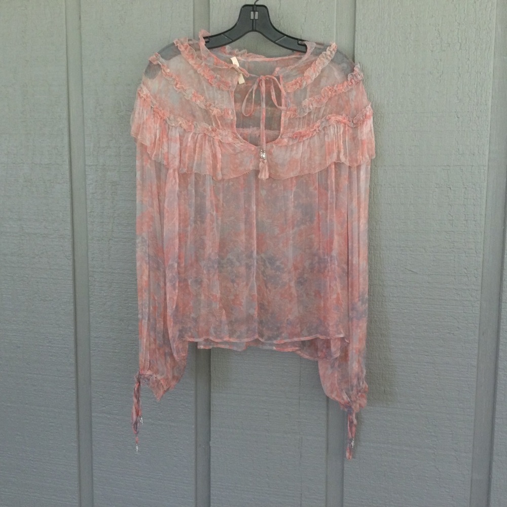 Love Sam Sheer Long Long Tie Neck Ruffle Detail Watercolor Boho Top